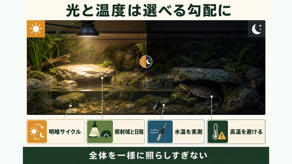 明暗サイクル、照射域と日陰、水温の実測、高温回避を示すオオアタマガメの環境管理