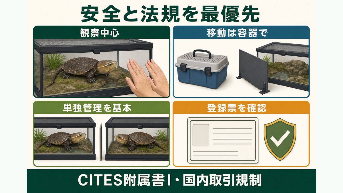 観察中心、容器での移動、単独管理、登録票確認を示すオオアタマガメの安全と法規