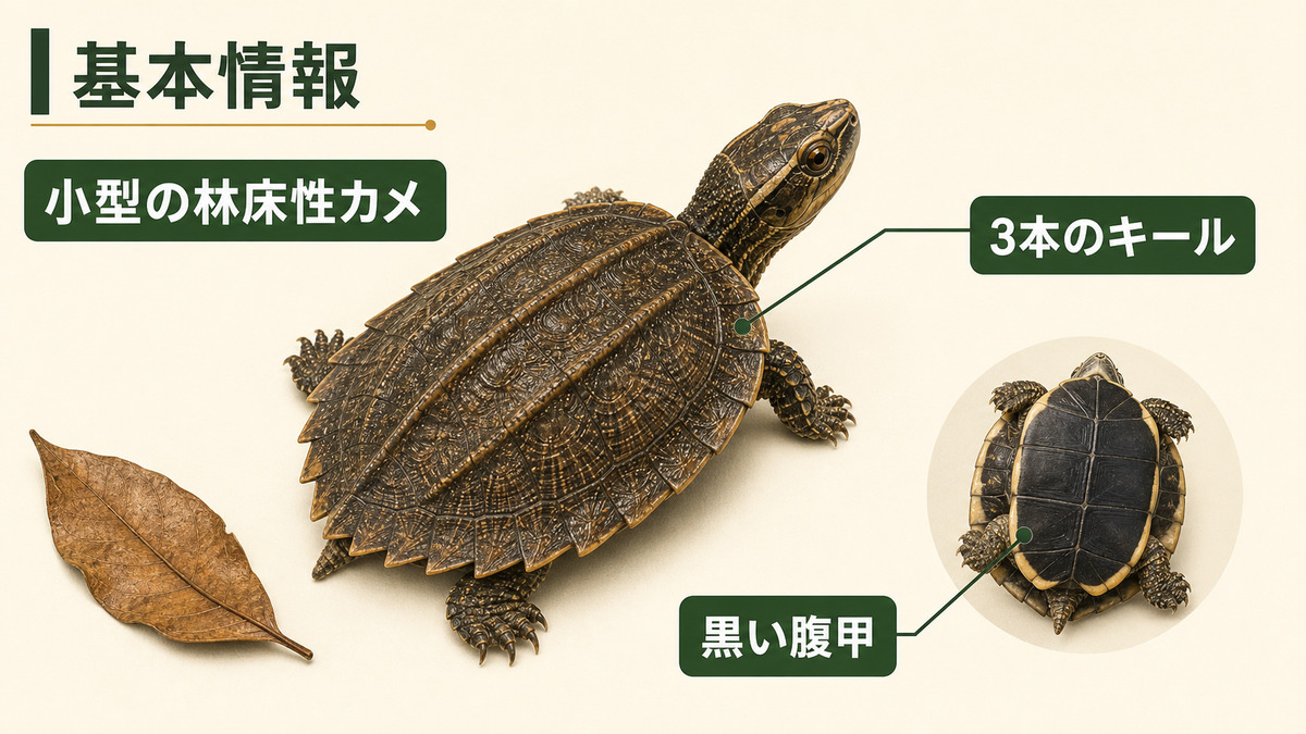 ヒラセガメの小型の体格、3本のキール、黒い腹甲をまとめたIMAGE2図解