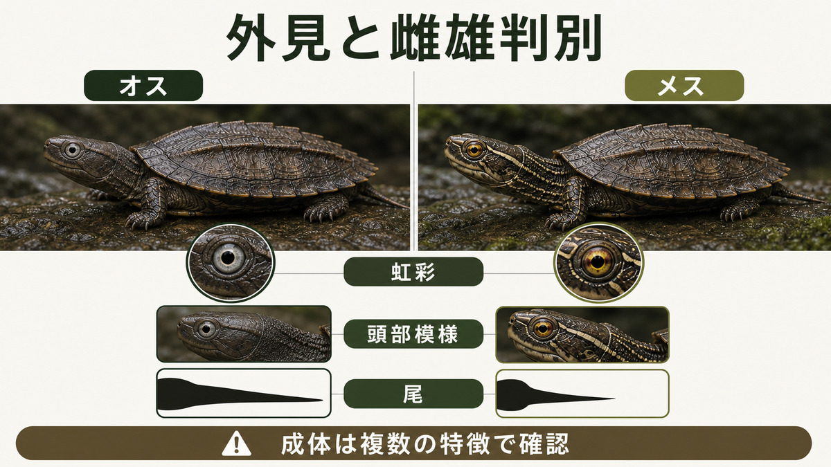 ヒラセガメ成体のオスとメスを虹彩、尾、頭部模様で比較するIMAGE2図解