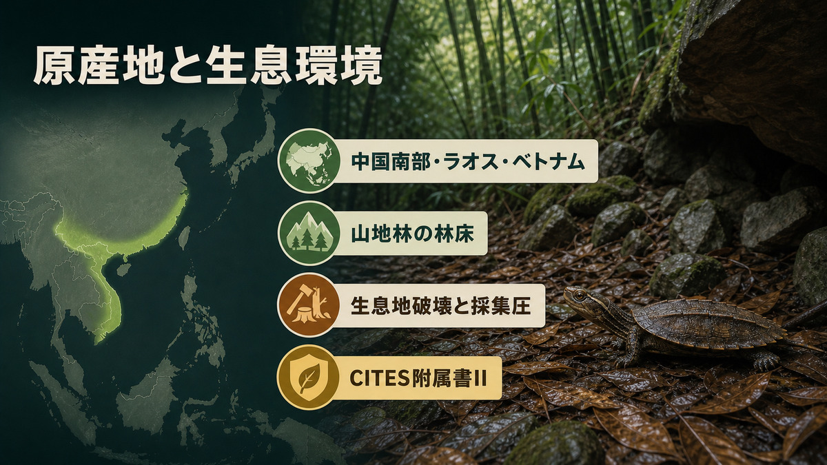 ヒラセガメの中国南部・ラオス・ベトナムの分布、山地林、生息地と採集圧をまとめたIMAGE2図解