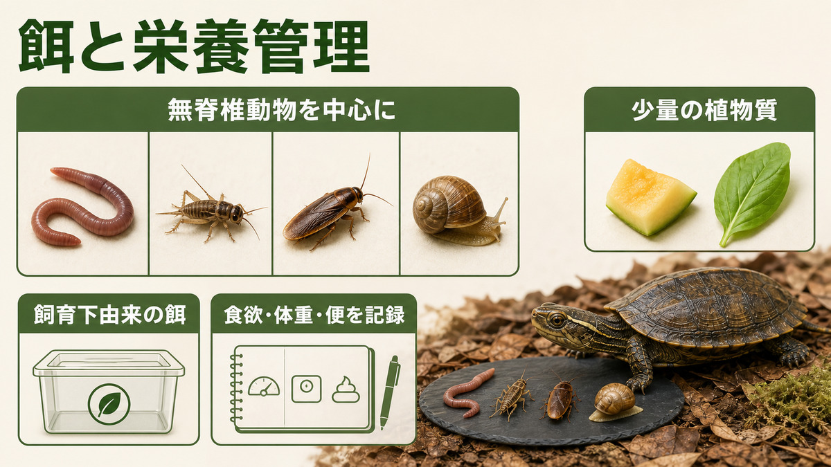 ヒラセガメの無脊椎動物中心の餌、少量の植物質、観察記録をまとめたIMAGE2図解