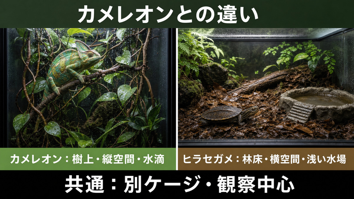 カメレオンの樹上縦空間とヒラセガメの林床横空間を別ケージで比較するIMAGE2図解