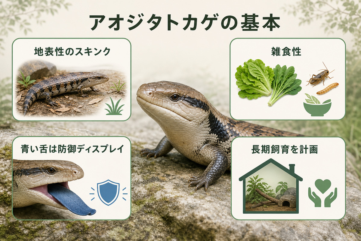 アオジタトカゲの地表性・雑食性・青い舌の防御ディスプレイ・長期飼育をまとめた図解