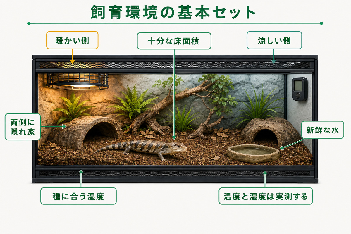 アオジタトカゲの床面積・温度勾配・隠れ家・水・湿度・換気を示した飼育環境図解