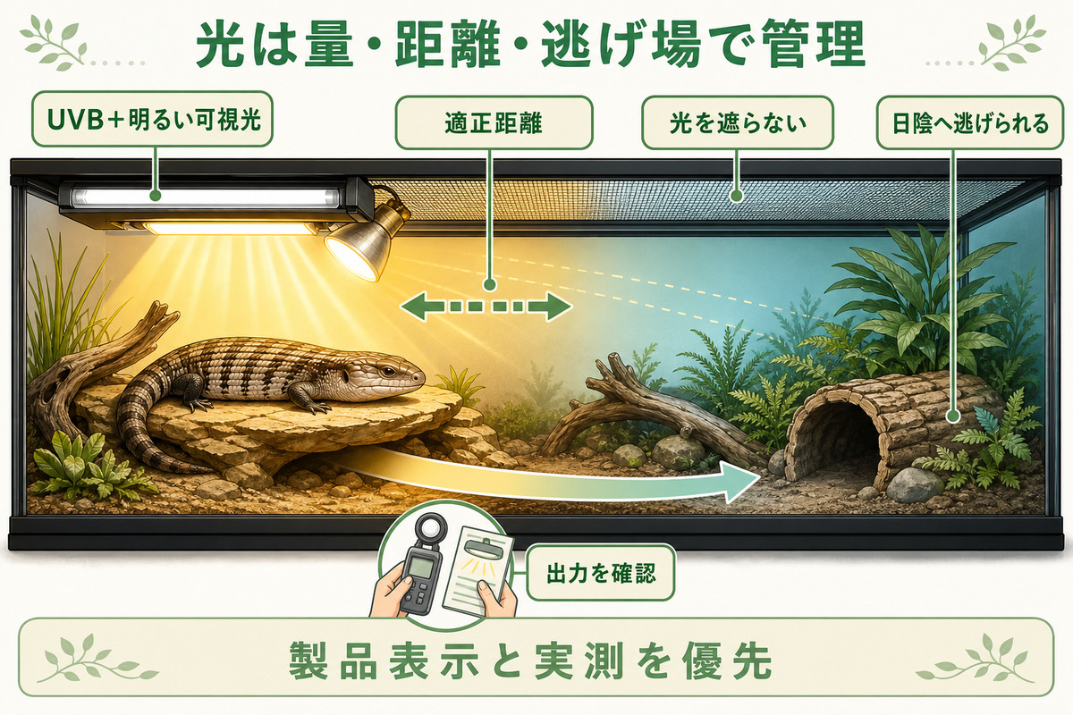 アオジタトカゲのUVBと照明を量・距離・遮蔽物・日陰・実測で管理する図解