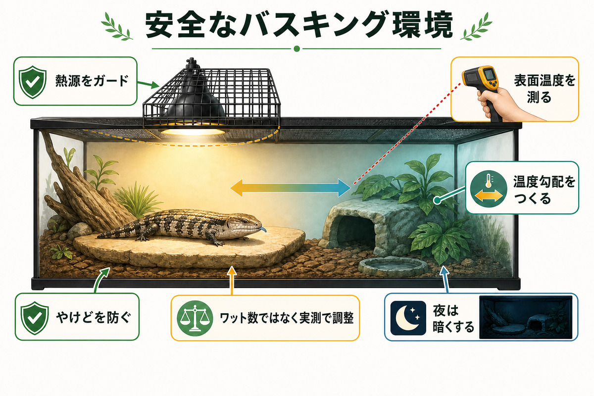 アオジタトカゲの熱源ガード・表面温度測定・温度勾配・夜間消灯をまとめた図解