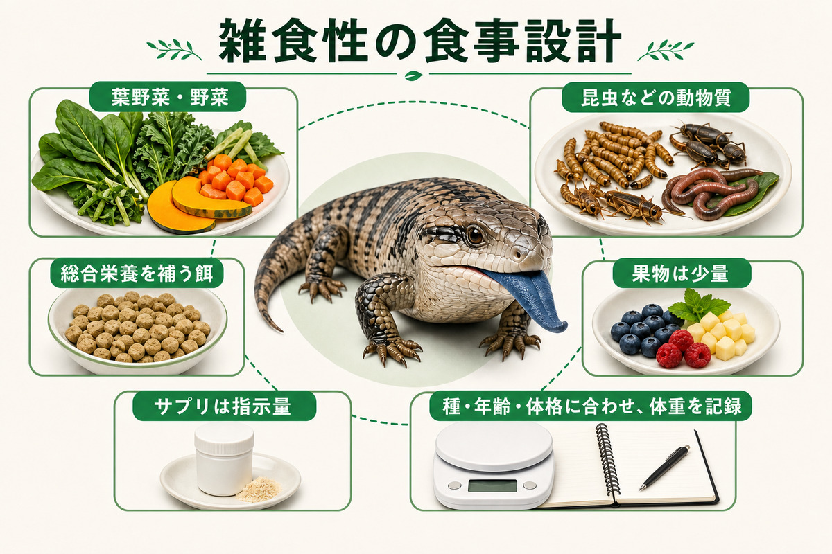 アオジタトカゲの野菜・動物質・補助餌・果物・サプリ・体重管理をまとめた食事図解