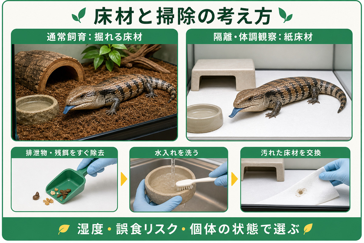 アオジタトカゲの通常飼育用床材と隔離時の紙床材、日常清掃を使い分ける図解