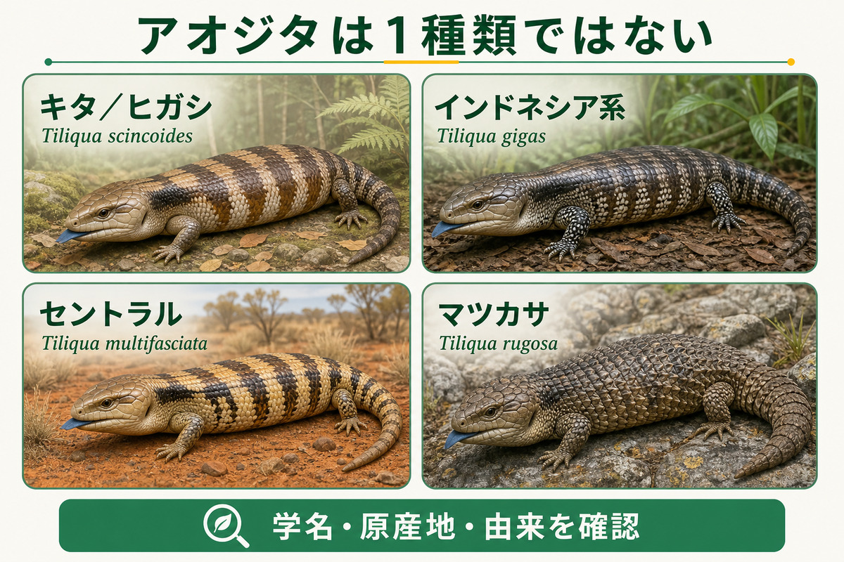 アオジタトカゲの代表的なTiliqua scincoides・gigas・multifasciata・rugosaを比較した図解