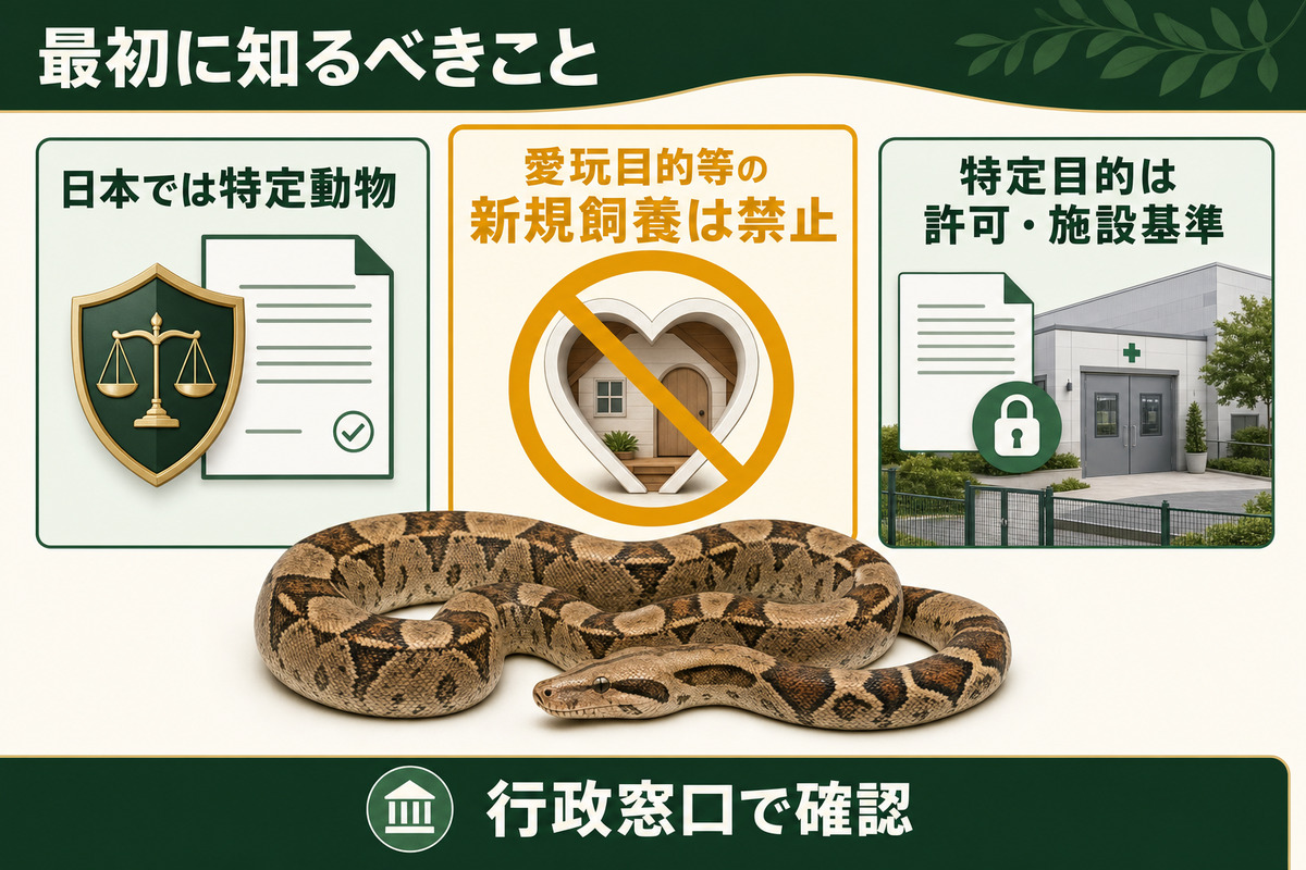日本ではボアコンストリクターが特定動物で愛玩目的等の新規飼養は禁止されることを示すIMAGE2図解