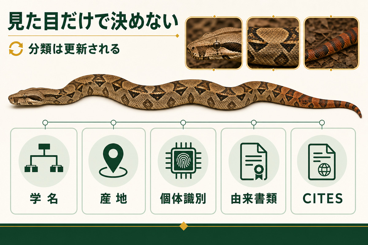ボアの見た目だけで分類せず学名・産地・個体識別・由来・CITES書類を確認するIMAGE2図解