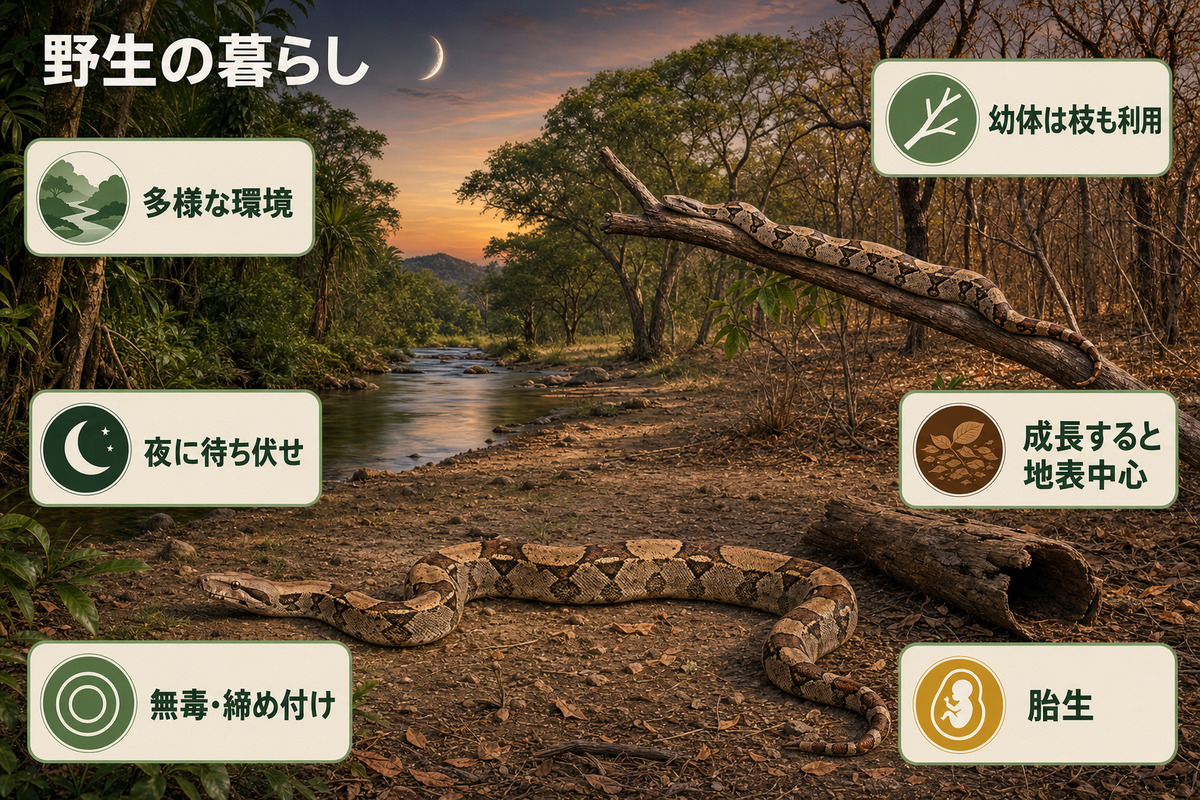 ボアコンストリクターの多様な生息環境、夜間の待ち伏せ、幼体の枝利用、成体の地表利用、胎生を示すIMAGE2図解