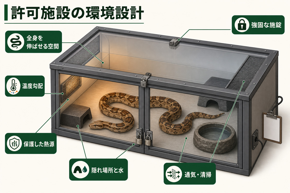 許可施設で全身を伸ばせる空間、温度勾配、保護熱源、隠れ場所、水、通気、清掃性、強固な施錠を統合するIMAGE2図解