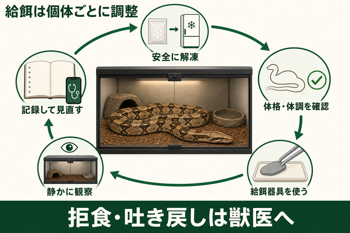ボアの餌を安全に解凍し体格と体調を確認して給餌器具を使い観察と記録で調整するIMAGE2図解