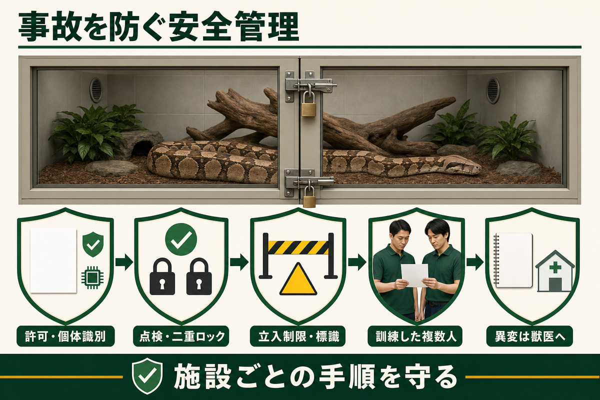 許可施設で個体識別、点検、二重ロック、立入制限、標識、複数人手順、獣医連携を行うIMAGE2図解