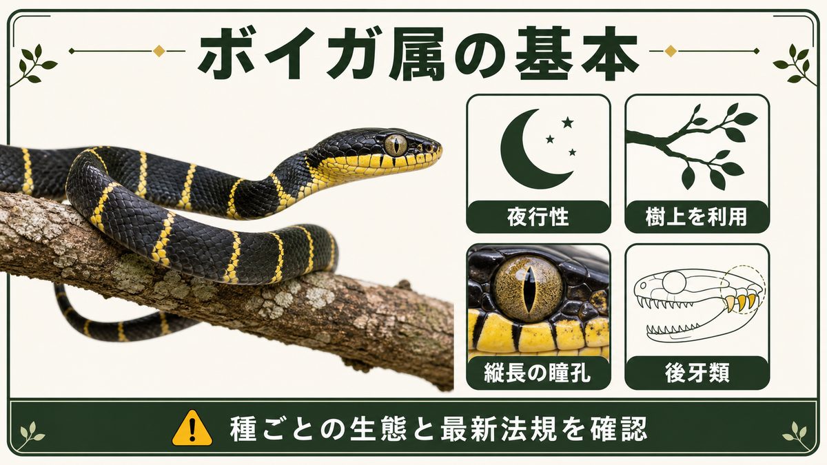 ボイガ属の夜行性・樹上性・縦長の瞳孔・後牙類という特徴を示す図