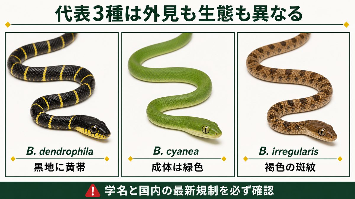 Boiga dendrophila・B. cyanea・B. irregularisの体色と斑紋を比較する図