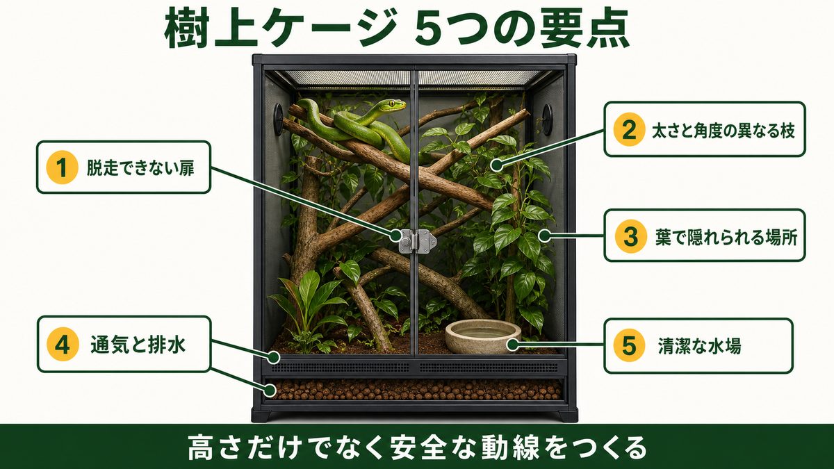 ボイガ属の樹上ケージで脱走防止扉・枝・隠れ場所・通気排水・水場を示す図
