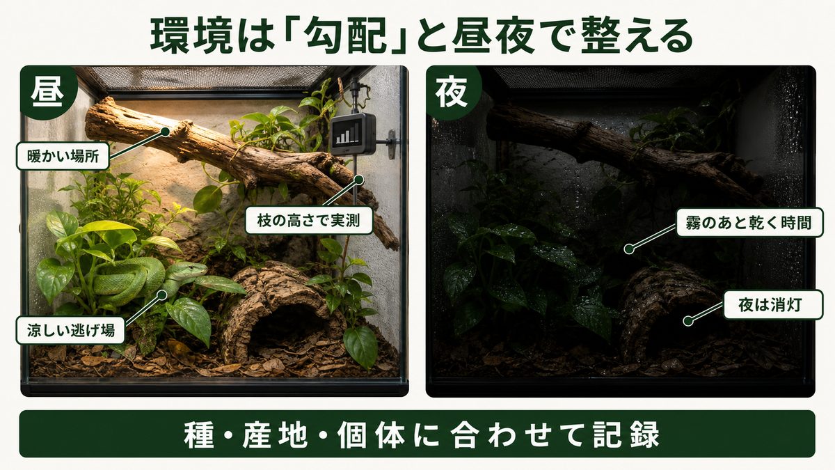 ボイガ属の昼夜サイクルと温度勾配・実測・霧後の乾燥時間を示す図