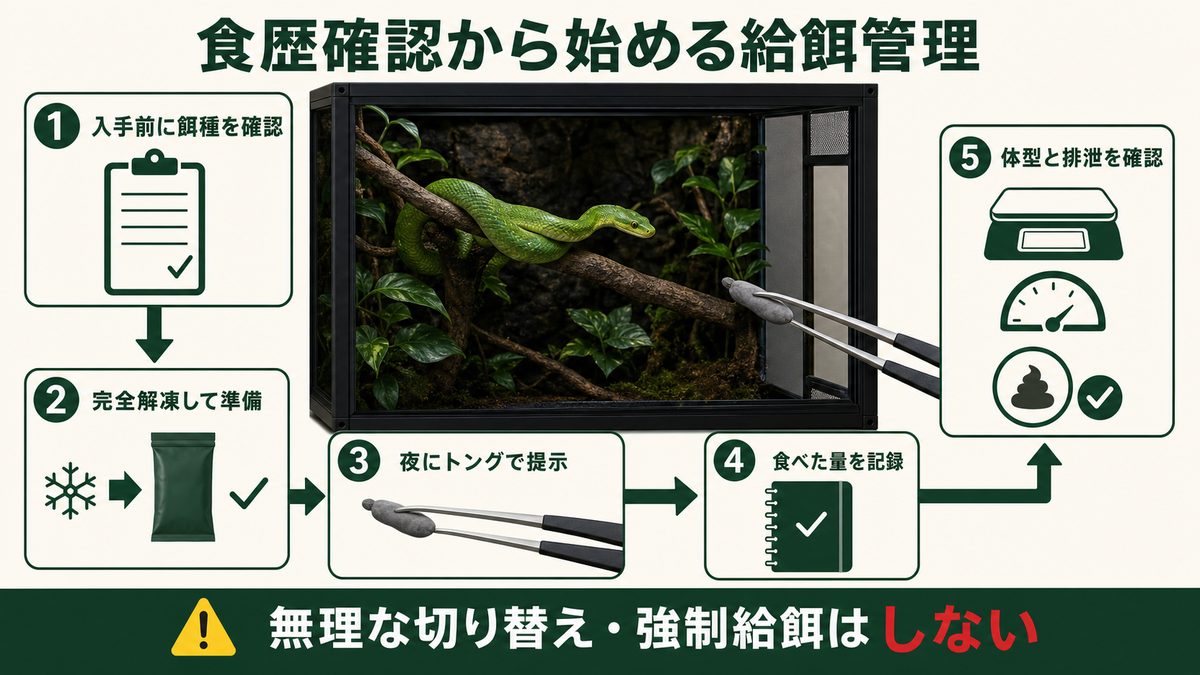ボイガ属の食歴確認から解凍餌の提示・給餌記録・体型排泄確認までを示す図