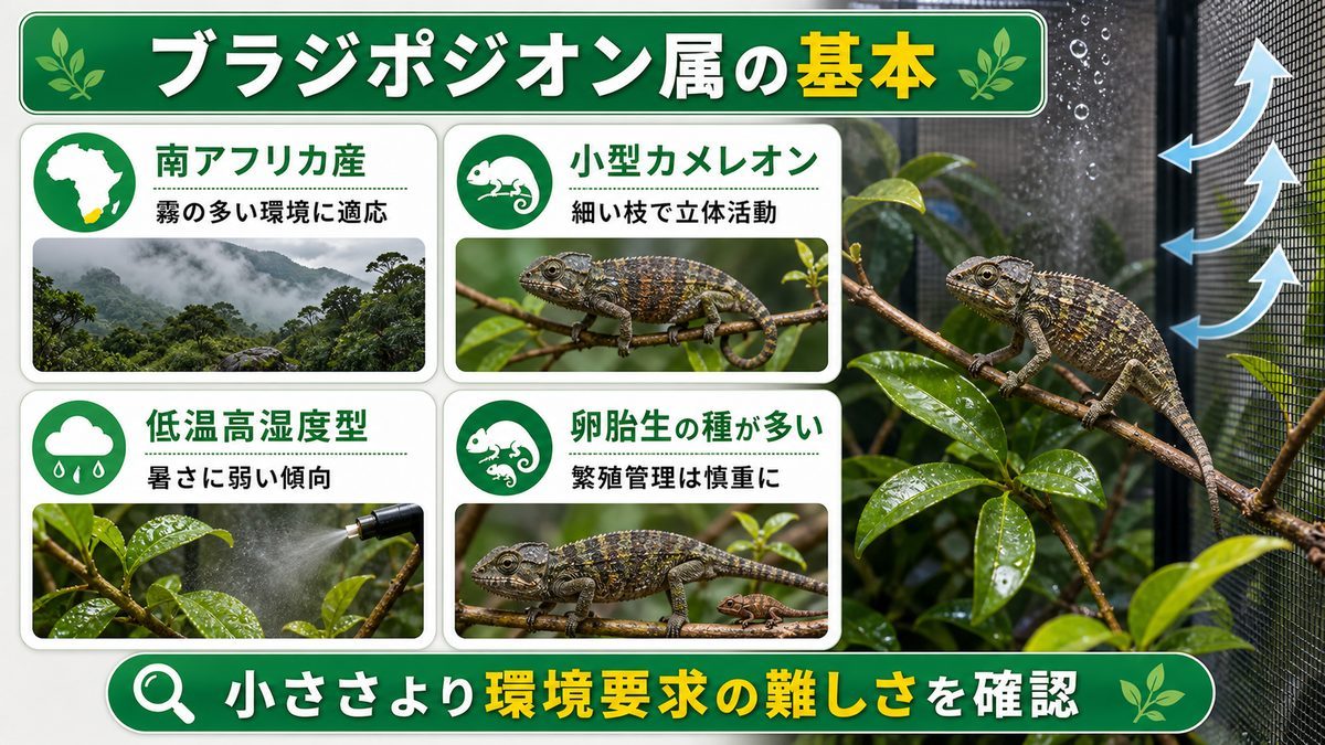 ブラジポジオン属（Bradypodion）の基本情報の要点をまとめたカメレオン・爬虫類飼育インフォグラフィック