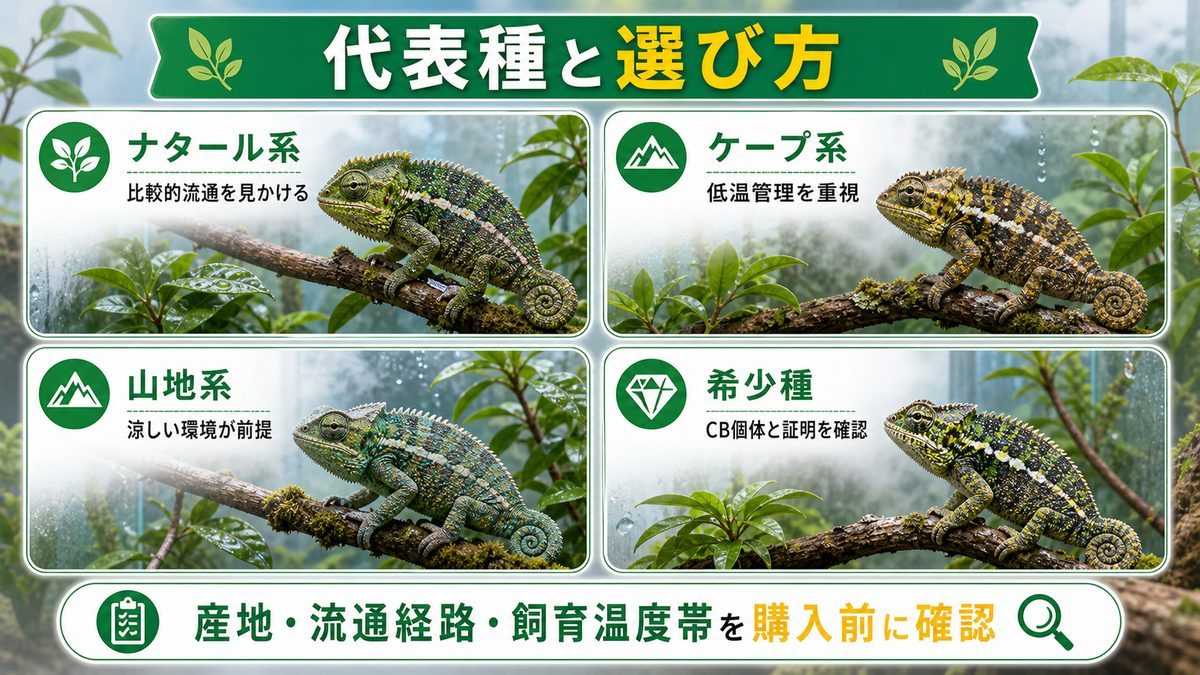 代表種の紹介と比較 🦎の要点をまとめたカメレオン・爬虫類飼育インフォグラフィック