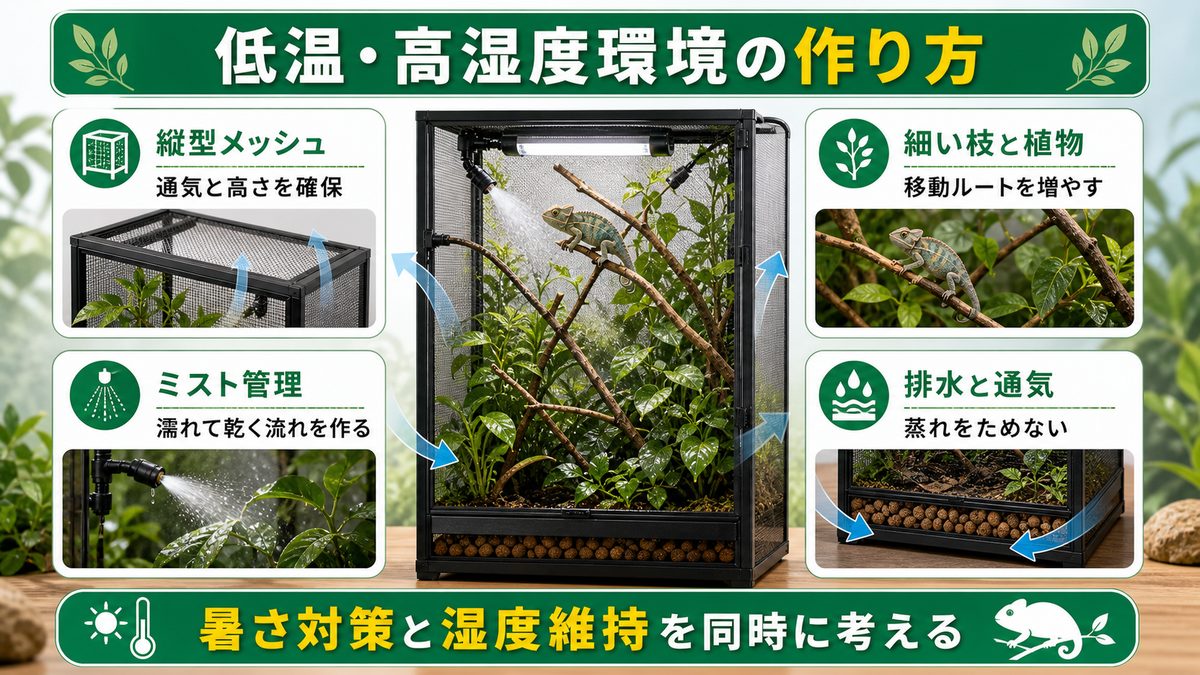 飼育環境の設定方法 ― 低温・高湿度が絶対条件🌫️の要点をまとめたカメレオン・爬虫類飼育インフォグラフィック
