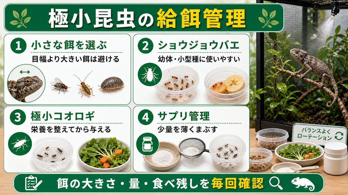 給餌と栄養管理 ― 極小昆虫の確保が鍵🦗の要点をまとめたカメレオン・爬虫類飼育インフォグラフィック
