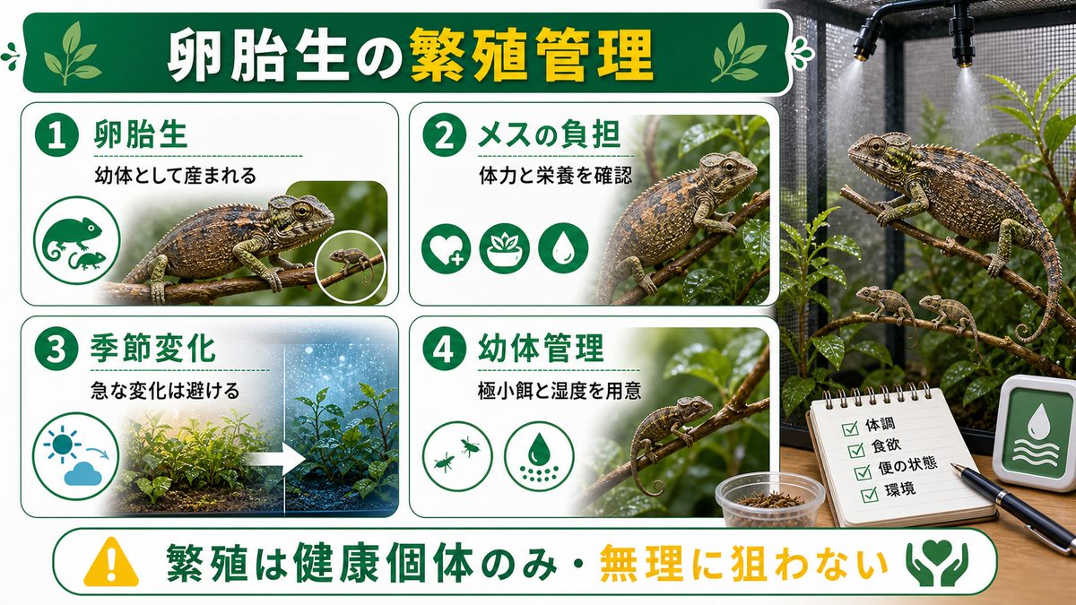 繁殖 ― 卵胎生の特別な管理🍃の要点をまとめたカメレオン・爬虫類飼育インフォグラフィック