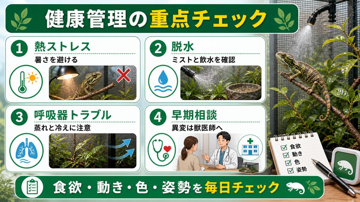 健康管理 ― 3大リスクと予防策🩺の要点をまとめたカメレオン・爬虫類飼育インフォグラフィック
