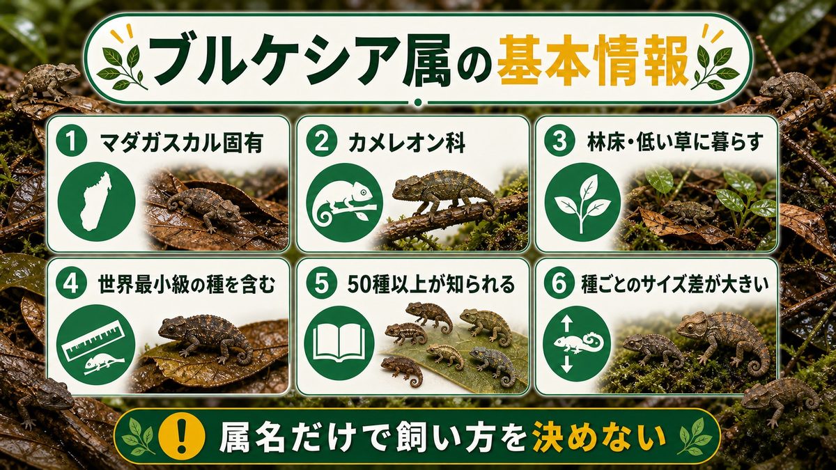 ブルケシア属とは？世界最小クラスのミニカメレオンたちの要点をまとめたカメレオン・爬虫類飼育インフォグラフィック
