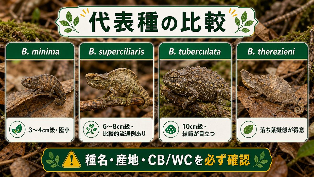 代表種の特徴と差異｜brookesia-minima・superciliaris・tuberculata・therezieni比較の要点をまとめたカメレオン・爬虫類飼育インフォグラフィック