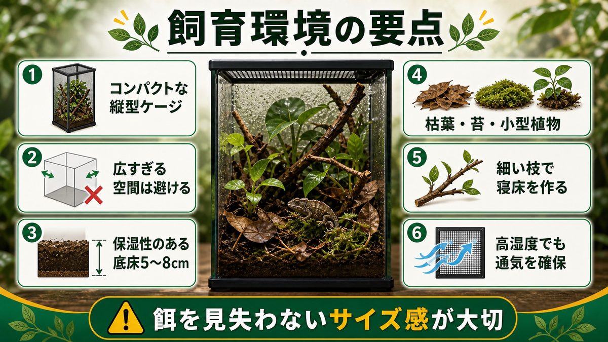 飼育環境の設定｜超小型ゆえのケージ・レイアウトのポイントの要点をまとめたカメレオン・爬虫類飼育インフォグラフィック