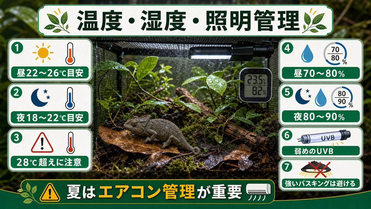 温度・湿度・照明管理｜マダガスカル林床環境を再現するの要点をまとめたカメレオン・爬虫類飼育インフォグラフィック