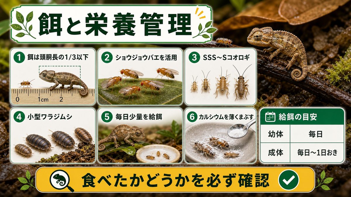 餌と栄養管理｜超小型サイズに対応した給餌法の要点をまとめたカメレオン・爬虫類飼育インフォグラフィック