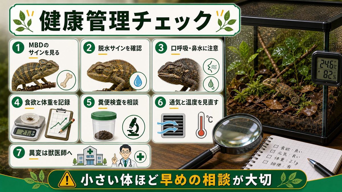 よくある疾患と注意点の要点をまとめたカメレオン・爬虫類飼育インフォグラフィック
