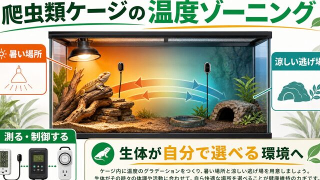 爬虫類ケージの温度ゾーニング設計完全ガイド｜温度勾配の作り方・バスキング・器具配置を徹底解説の要点を伝えるカメレオン・爬虫類記事アイキャッチ画像