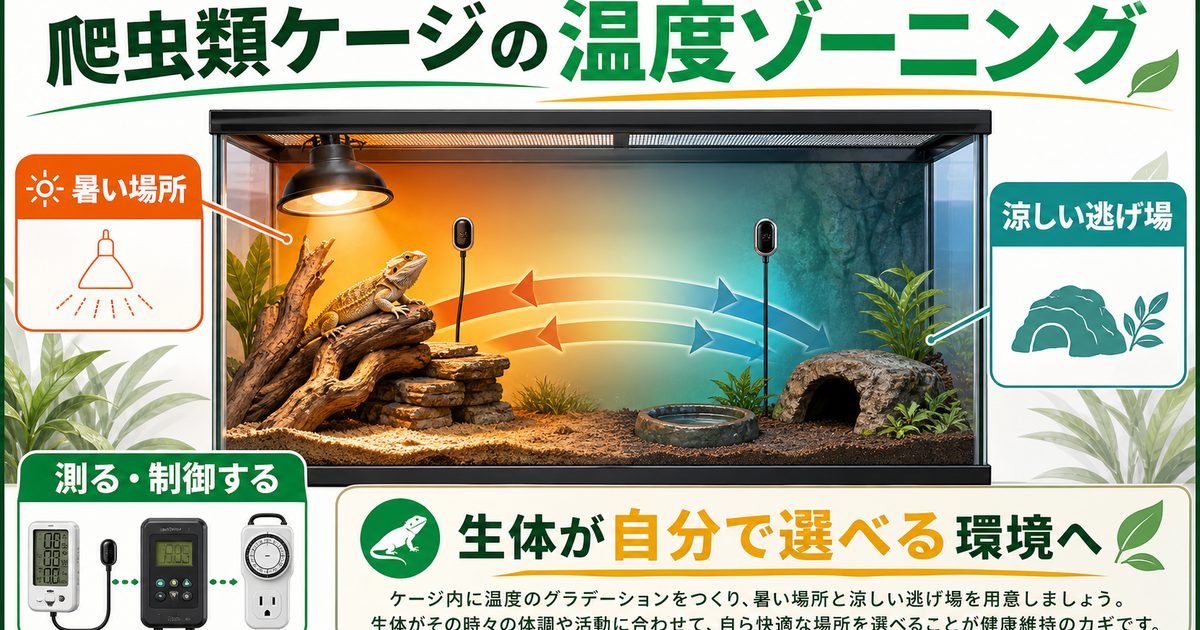 爬虫類ケージの温度ゾーニング設計完全ガイド｜温度勾配の作り方・バスキング・器具配置を徹底解説の要点を伝えるカメレオン・爬虫類記事アイキャッチ画像