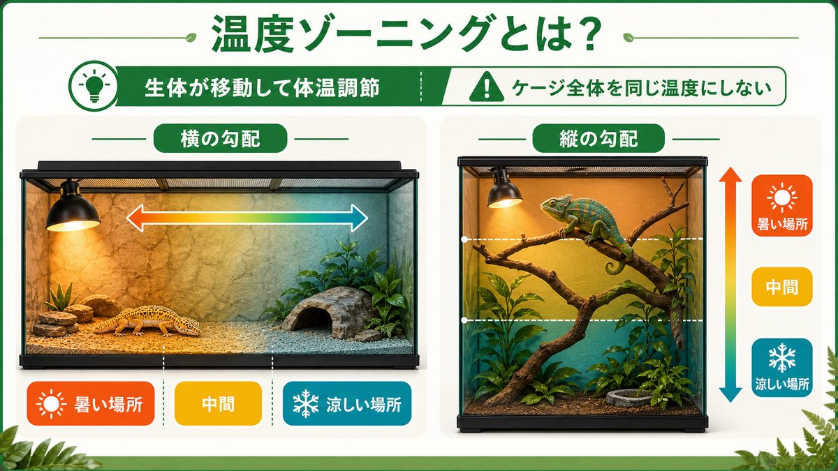 温度ゾーニングとは？ケージ内に「温度のグラデーション」を作ることの要点をまとめたカメレオン・爬虫類飼育インフォグラフィック