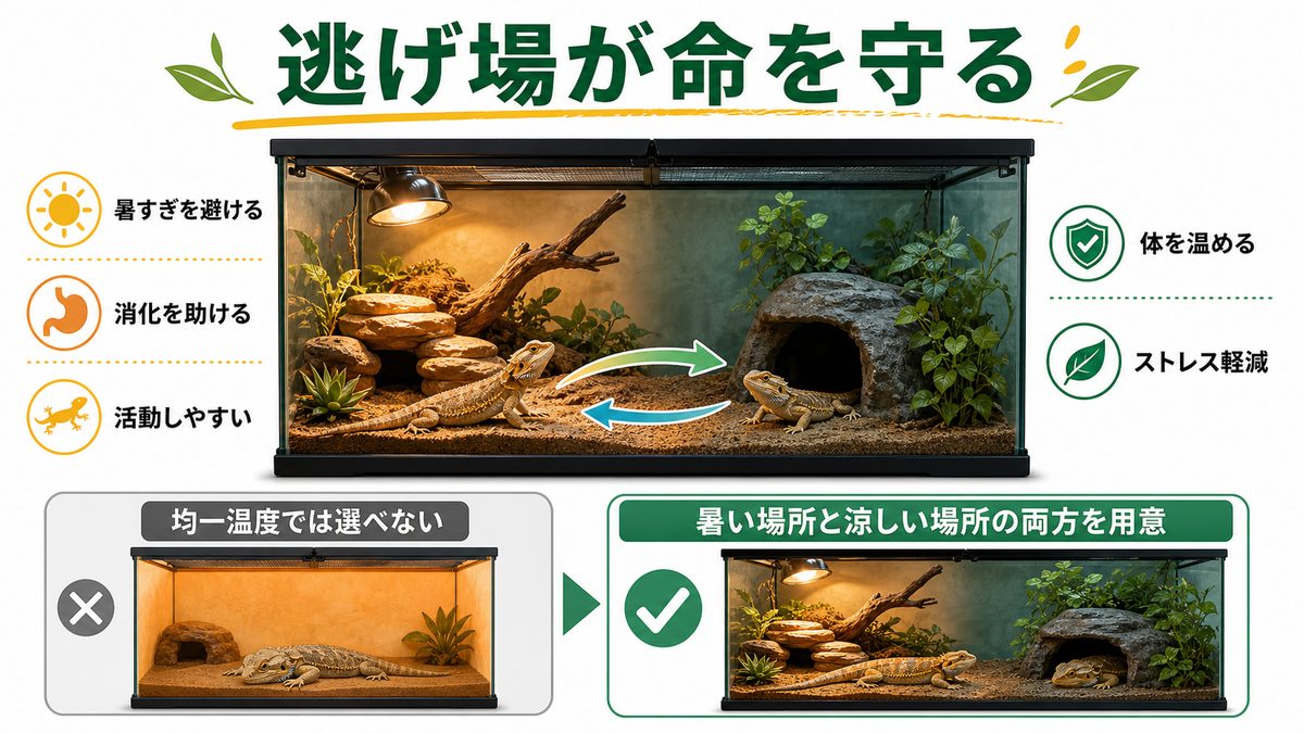 なぜ温度勾配が必要なのか？「逃げ場」がないと命に関わるの要点をまとめたカメレオン・爬虫類飼育インフォグラフィック