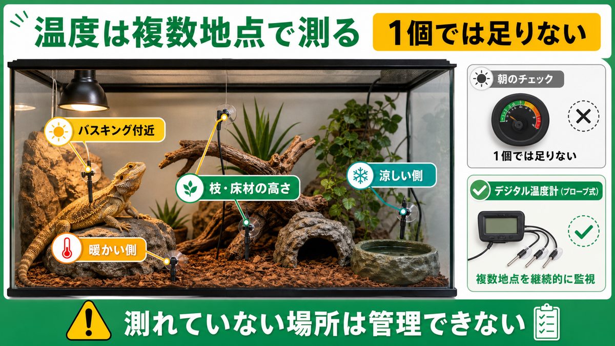 温度を「測る」――1個では足りない、複数地点の測定が命の要点をまとめたカメレオン・爬虫類飼育インフォグラフィック