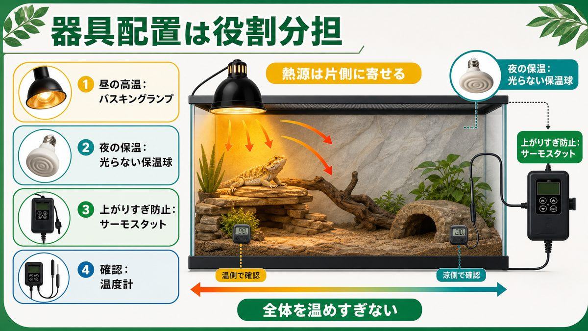 バスキングと保温の器具配置――役割を分けて考えるの要点をまとめたカメレオン・爬虫類飼育インフォグラフィック