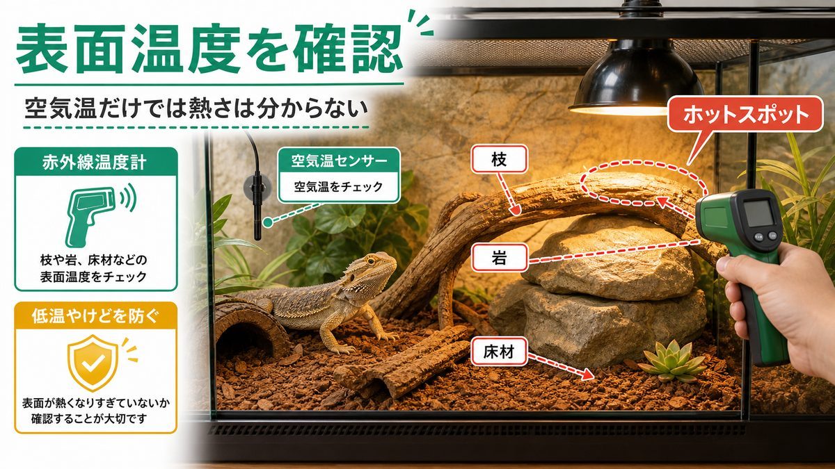 表面温度の確認――赤外線（放射）温度計が一本あると安心の要点をまとめたカメレオン・爬虫類飼育インフォグラフィック