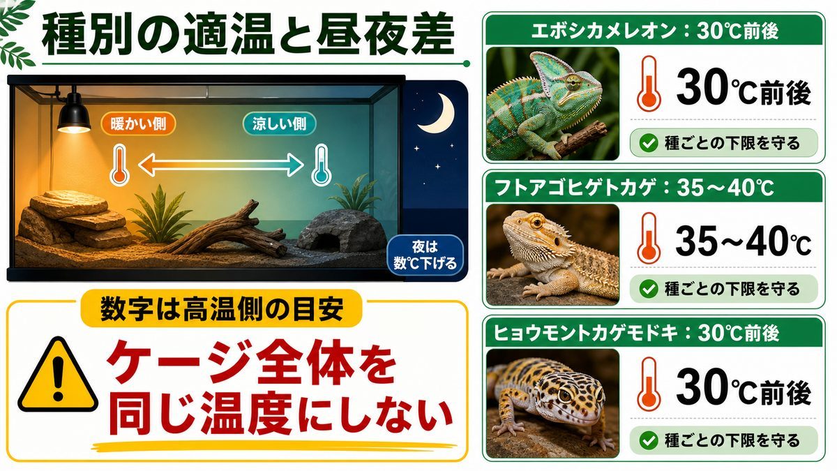 種別の適温と昼夜差の設計――数字も大事、でも勾配が前提の要点をまとめたカメレオン・爬虫類飼育インフォグラフィック