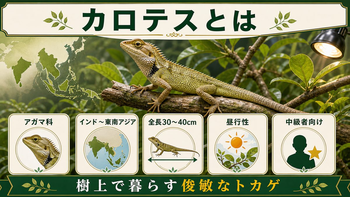 カロテスとは?分類・分布・基本スペックを知ろうの要点をまとめたカメレオン・爬虫類飼育インフォグラフィック