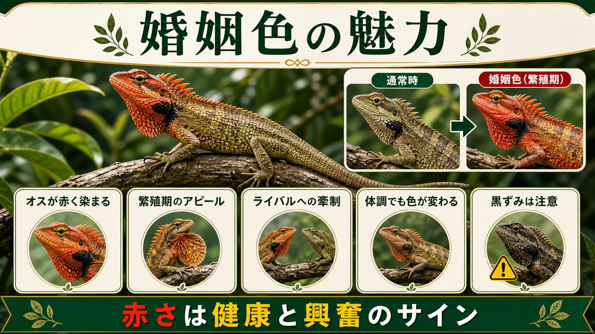 種類と婚姻色の魅力——なぜオスは赤く染まるのかの要点をまとめたカメレオン・爬虫類飼育インフォグラフィック