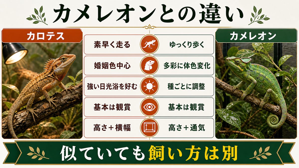 カメレオン(ぺぺ君)との違いを徹底比較の要点をまとめたカメレオン・爬虫類飼育インフォグラフィック