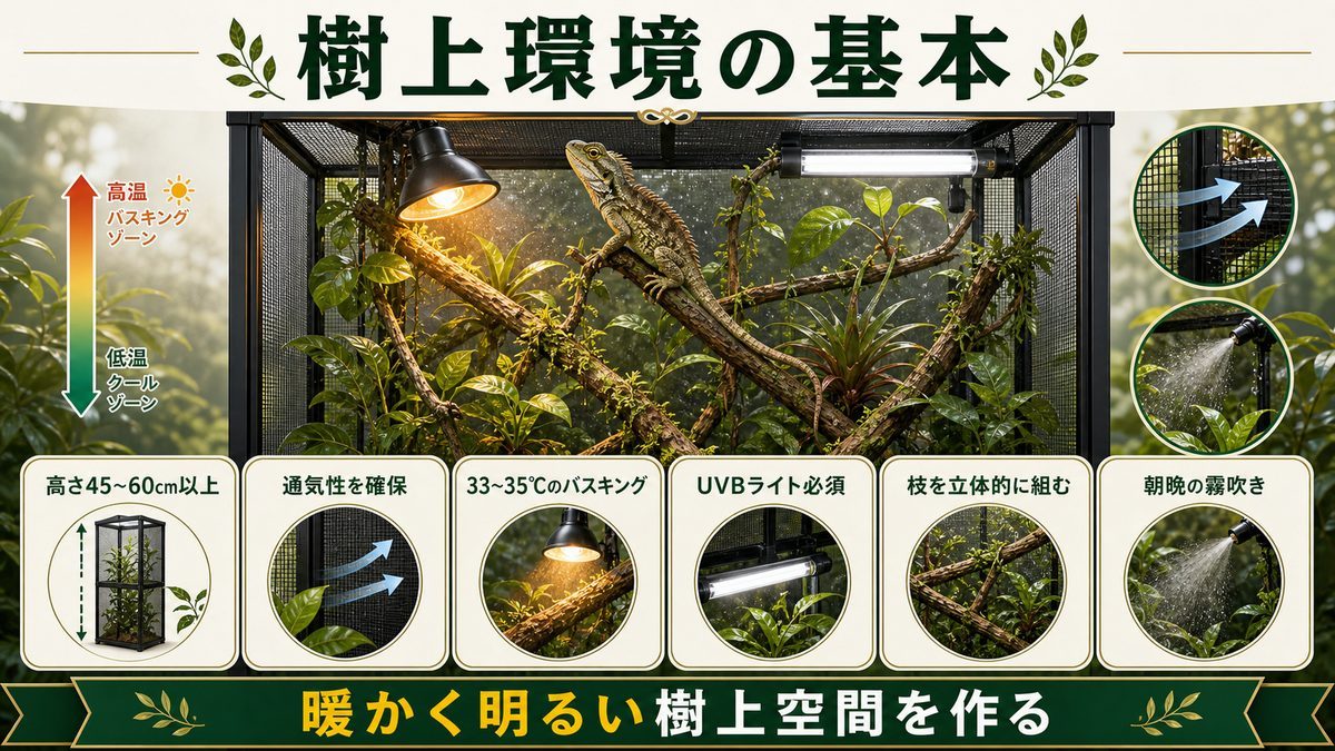 樹上飼育環境のセットアップ——高温・UVB・登り木がカギの要点をまとめたカメレオン・爬虫類飼育インフォグラフィック