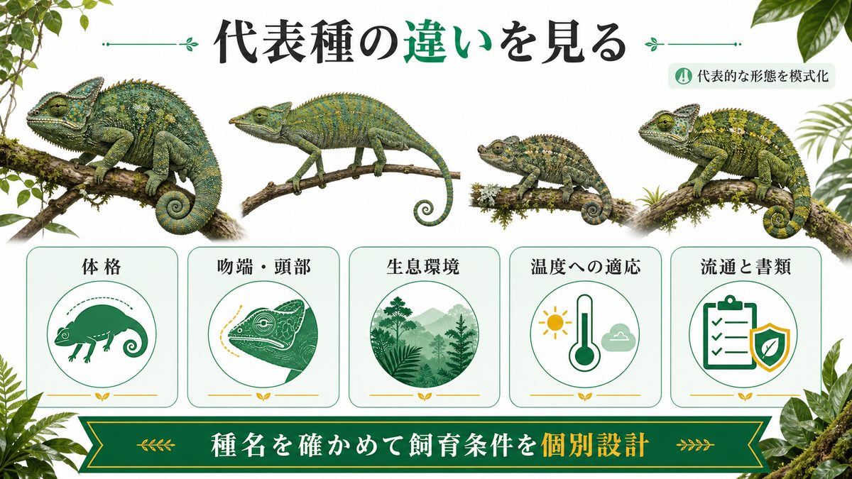 代表種の紹介と比較｜カルンマ属を知る6つの種の要点をまとめたカメレオン・爬虫類飼育インフォグラフィック
